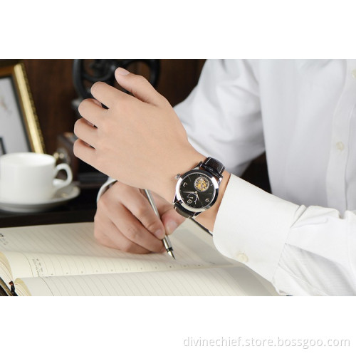 Classical Black Tourbillon Movement Watch For Men, Custom High End Leather Band Wrist Watch